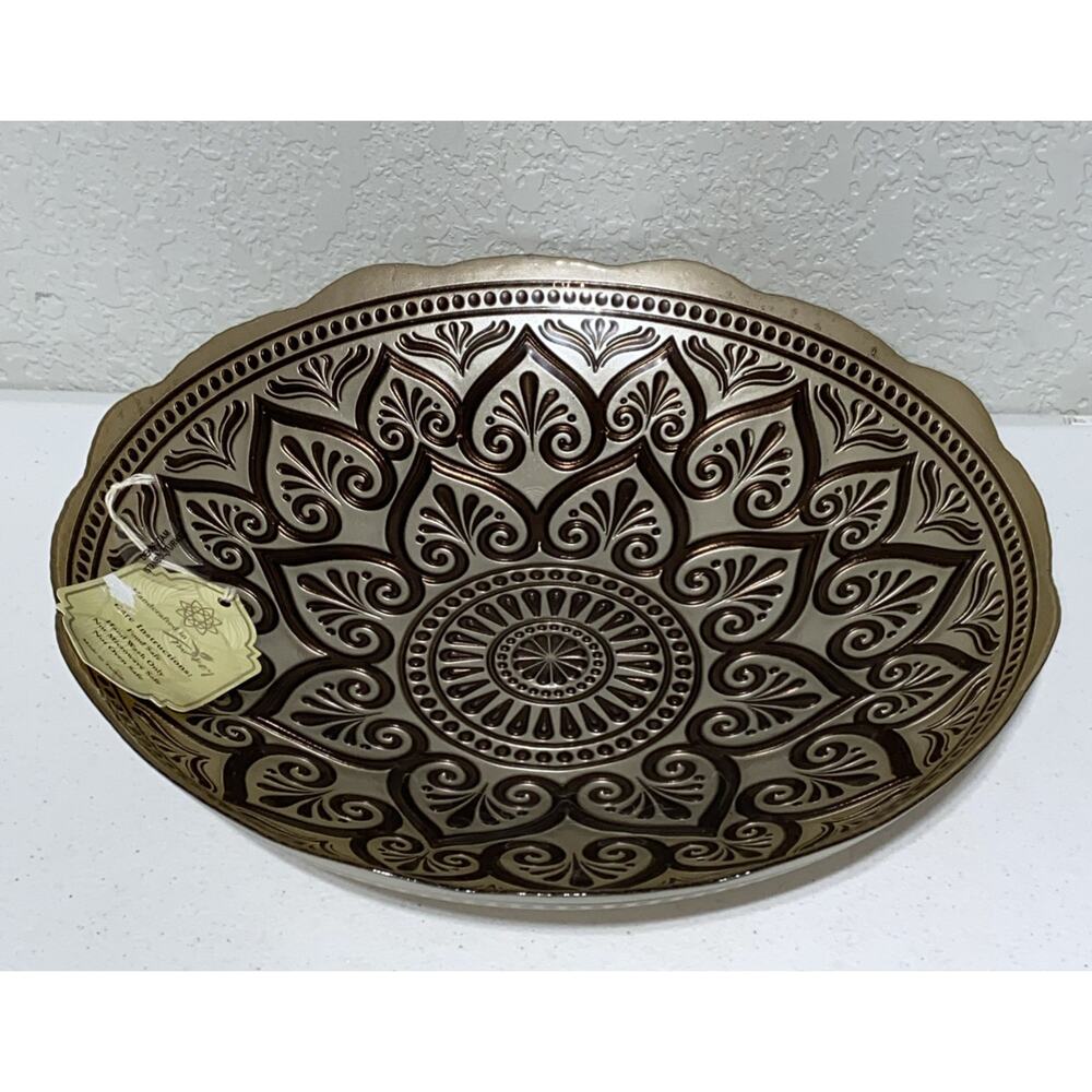 Handcrafted Decorated Turkish Glass Bowl Made in Turkey Gold Brown Mandala Heart